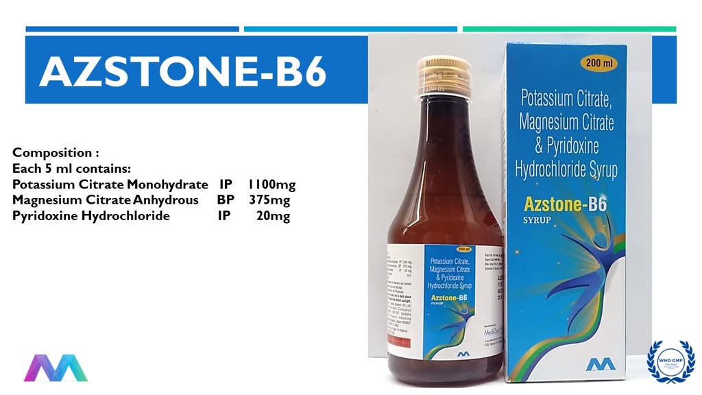 Potassium Citrate 1100 mg + Magnesium Citrate 375 mg + Pyridoxine Hydrochloride 20mg per 5 ml | Syrup 