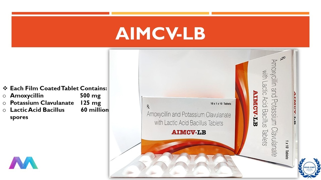 Amoxycillin 500mg + Clavulanic acid 125mg + Lactobacillus 60 million spores Tablet