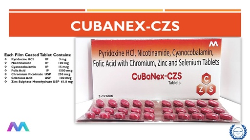 Pyridoxine HCL 3 Mg + Nicotinamide 100 Mg + Cynocobalamin 15 mcg + Folic Acid 1500 mcg + Chromium Picolinate 250 mcg + Selenium 100 mcg + Zinc 61.8 mg Tablet